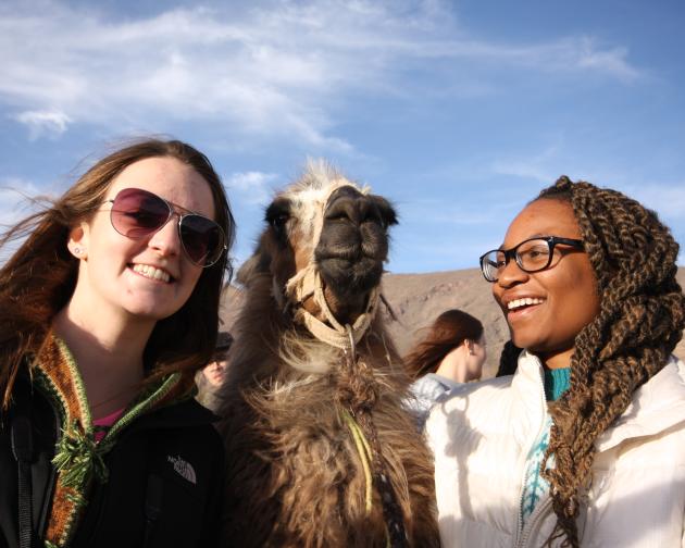 two students standing next to a llama smiling in front of a hill