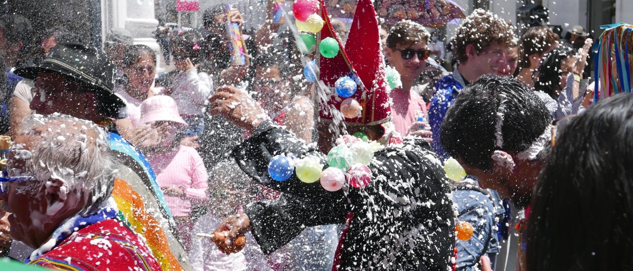 Students getting foamed at Carnival in Cuenca, Ecuador.