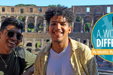 IES Abroad World of Difference logo over a photo of two students visiting the Roman Colosseum