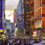 the neon lights and crowd-filled street in Akihabara, Tokyo