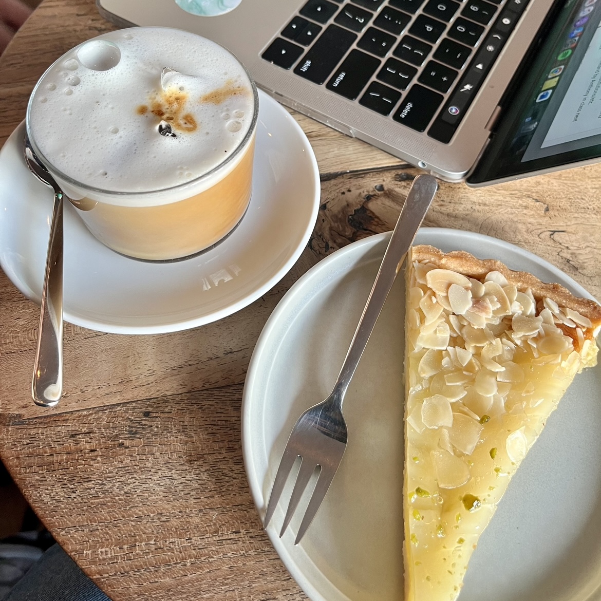 pear tart, iced latte