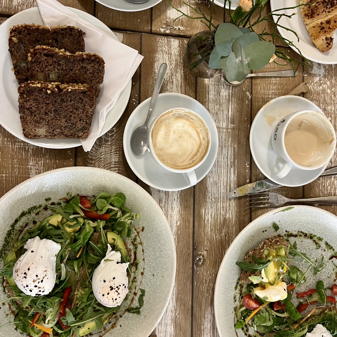 banana bread, cappuccino, avo toast