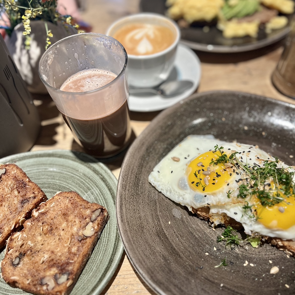 avo toast, banana bread, hot chocolate