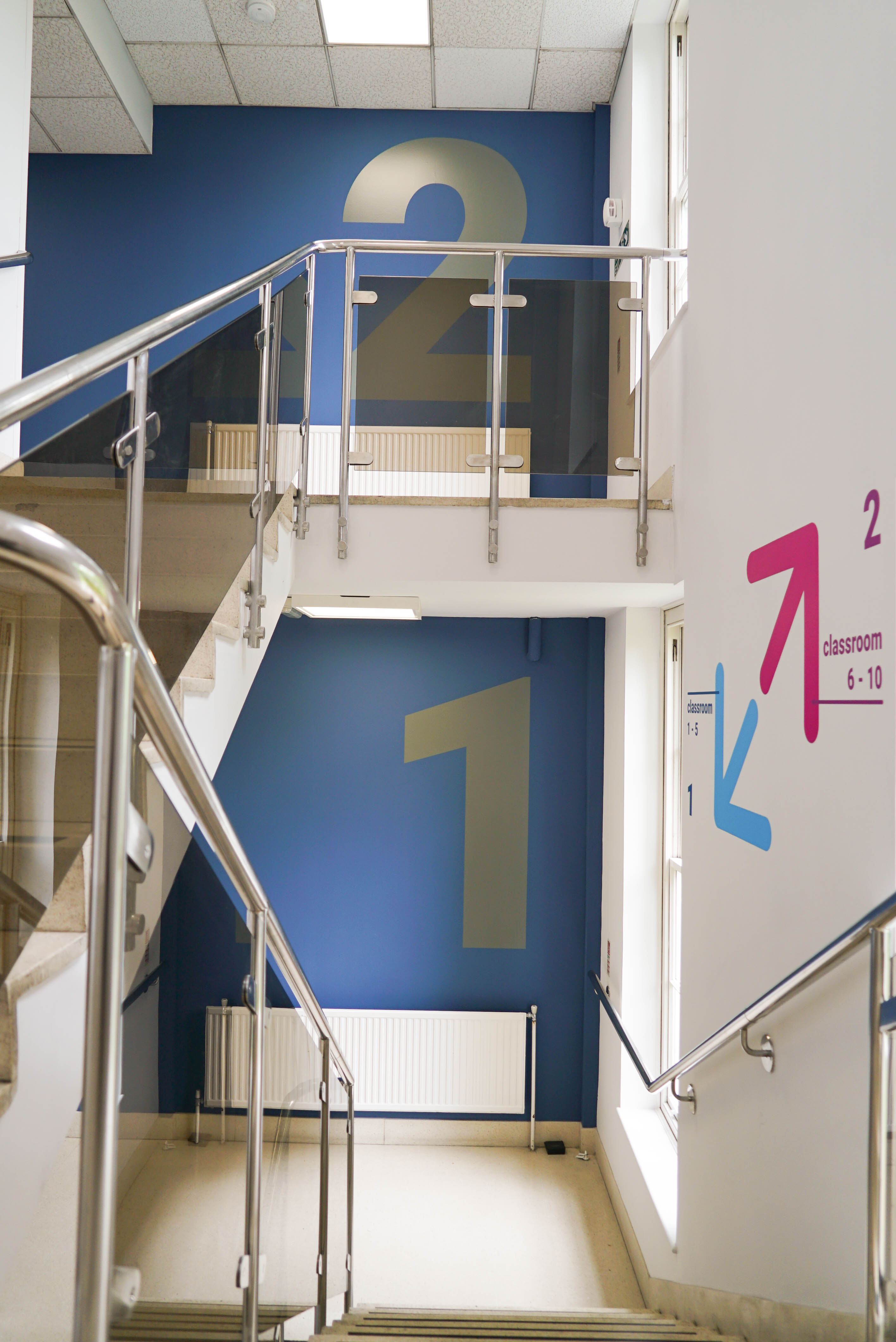 Staircase with blue walls