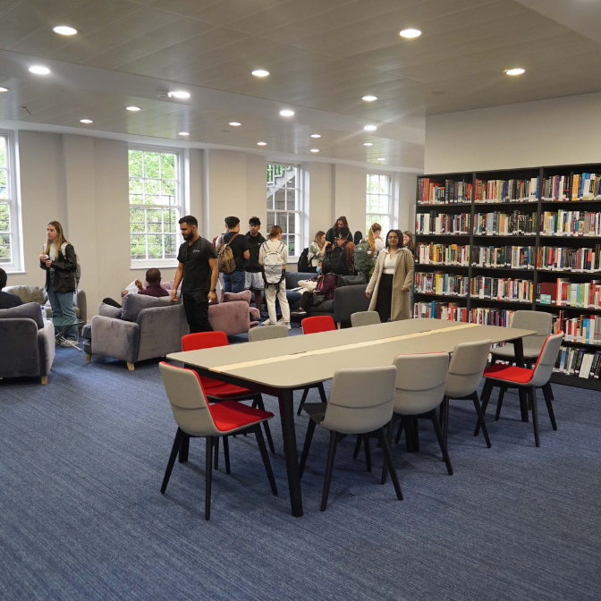 Bookshelves inside the IES Abroad London Center.