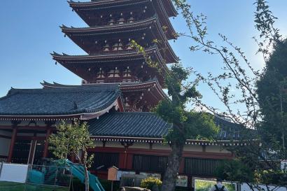 On a bright blue day stands the Five Story Pagoda at Senso-ji.