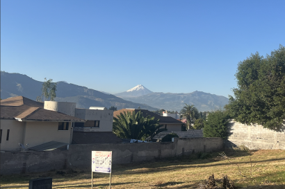 View of mountains in the distance over yards and houses.