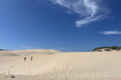 Sand dunes at Cabo de Gata. Blue sky and two people who look quite small in the distance. 