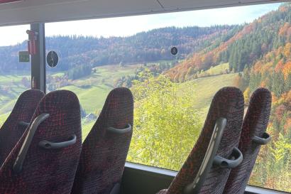 This photo includes a mountainside with autumn foliage, taken from a seat on the bus. 