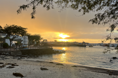 sunset beyond the beach, with a reflection on the water