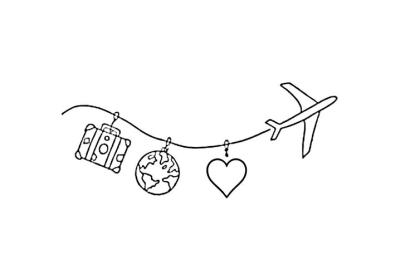 Black doodles of a suitcase, the globe, a heart and an airplane stringed together