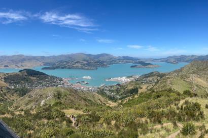 a panoramic view of the Port Hills, taken at high elevation