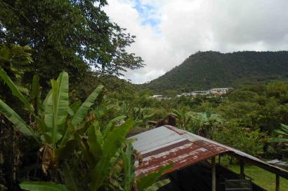 some mountains, a tin roof