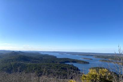 At the top of Pinnacle Mountain, you enjoy a panoramic view of Lake Maumelle and the Arkansas River Valley.