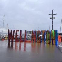 Large block letters spell out the word Wellington at a harbor. The letters are solid and sculptural-like.