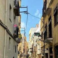 Alley with two buildings/structures on each side and a small path between them. 