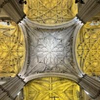 White and yellow vaulted ceilings. 