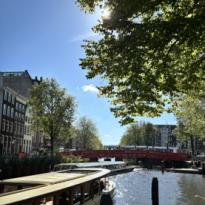 a boat in the middle of the picture with trees overlooking the water and boats. bridge far in the distance