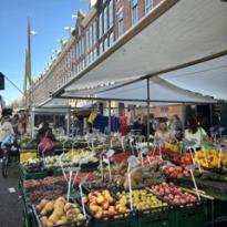 Buckets of fruit and vegetables on a stand among many stands in the background \