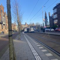 Standing on a metro stop, looking down the street at two trams. 