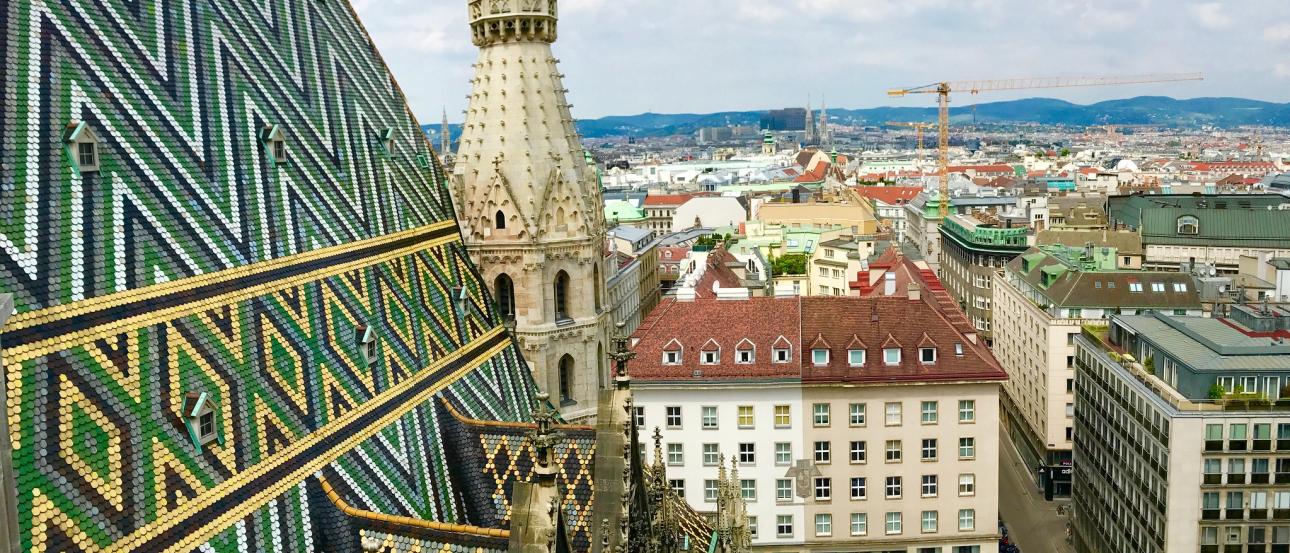 Church roof with green and black design with Vienna city behind it