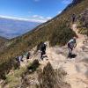 A few individuals hiking up the side of a mountain. 