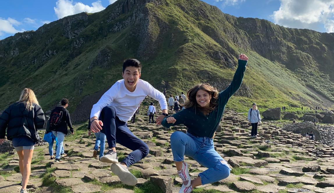 dublin students jump for a fun photo in Ireland