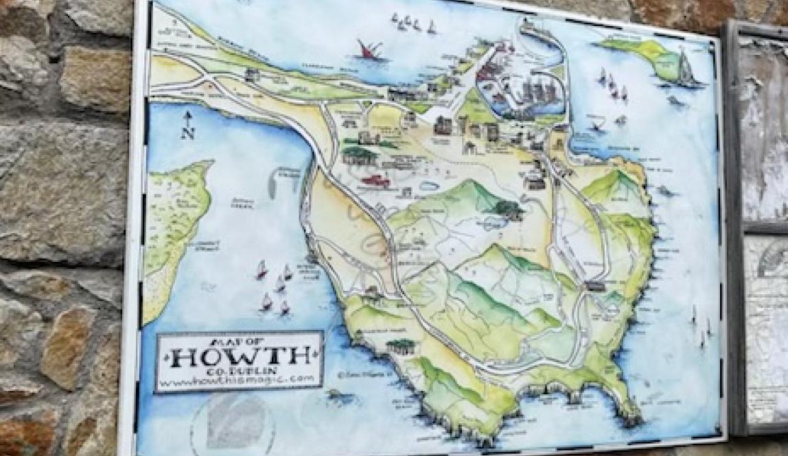 Artistic map of Howth, Ireland on a stone wall. 