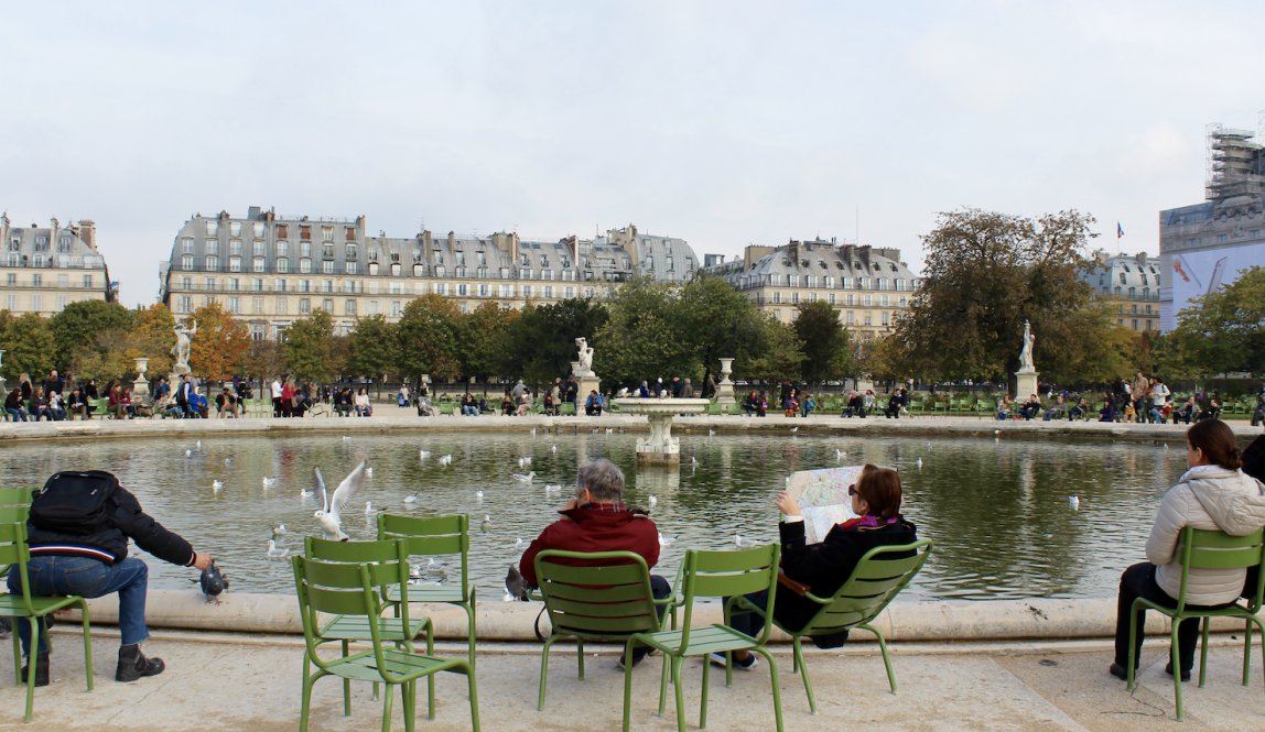 People by fountain in Tuileries Gardens in Paris