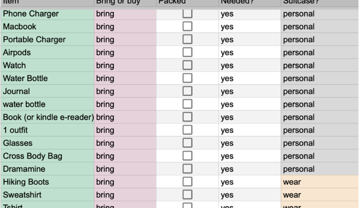 An example of a packing list that I used to plan for the trip. 