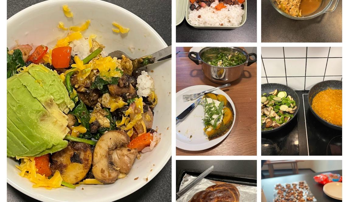 Collage of seven photos of various foods that Tal cooked in the communal kitchen, ranging from rice bowls to chickpea curry to apple crisp. 