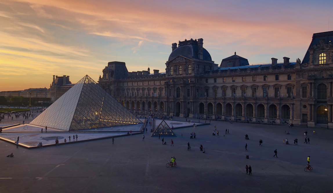 Paris Louvre Pyramid view from above at sunset