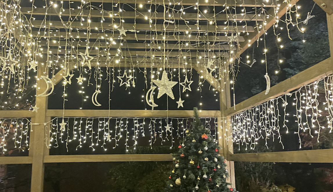 Christmas tree and lights up at the Onsen. Brightens up the outdoor walkway at night