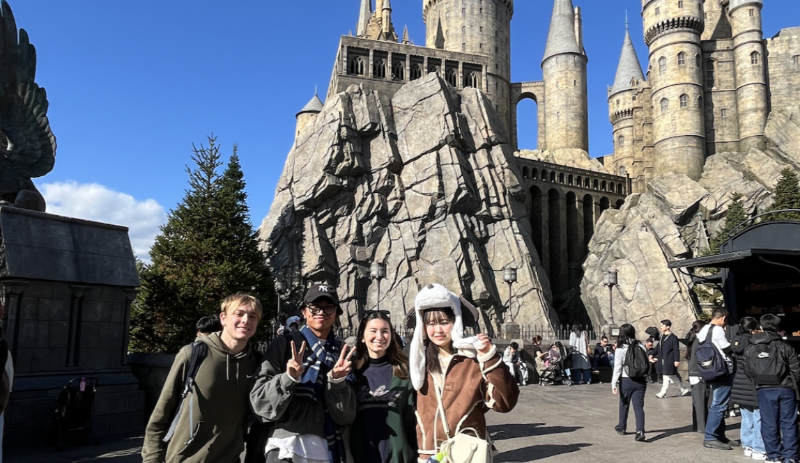 Photo of my friends and I in front of Hogwarts