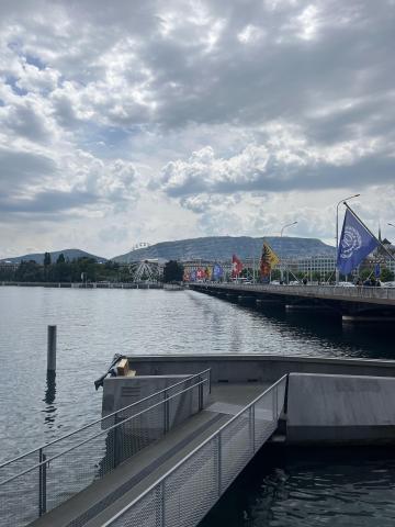 on the left side is a view of a large lake; on the right side is a bridge with various flags hanging over the side; the mountains of Switzerland are visible in the background