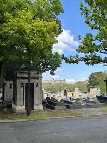 standing outside on the pavement in a cemetery; tombs and trees are visible, while there is a nice view of city buildings in the background