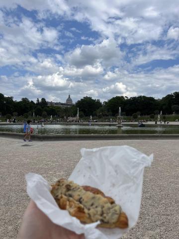 a hand is holding a cookie croissant while a vast garden is visible in the back; trees and a large fountain are visible in the background