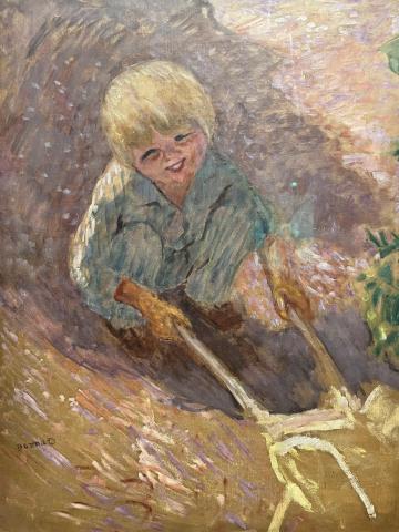 the photo is of a painting that was found in the le Musée d'Orsay; the painting is in an impressionism-like style; it is of a boy crouching on the ground outside, who is looking up and smiling