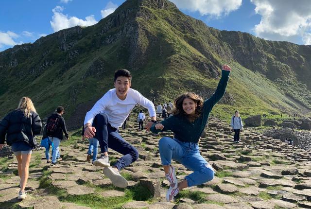 dublin students jump for a fun photo in Ireland