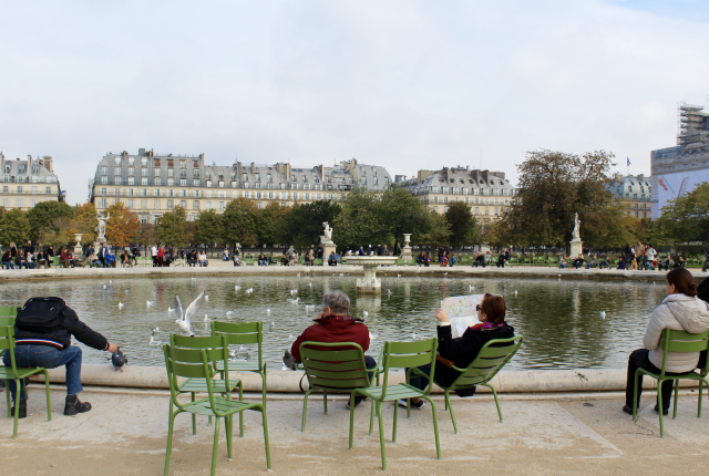 People by fountain in Tuileries Gardens in Paris