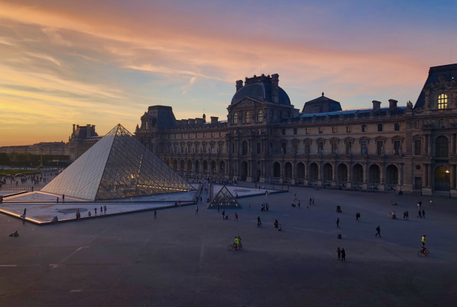 Paris Louvre Pyramid view from above at sunset