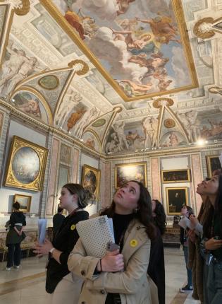 A student looks up, admiring the painted ceilings in the Gallery Borghese