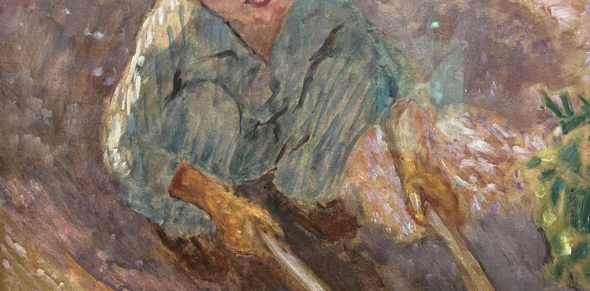 the photo is of a painting that was found in the le Musée d'Orsay; the painting is in an impressionism-like style; it is of a boy crouching on the ground outside, who is looking up and smiling