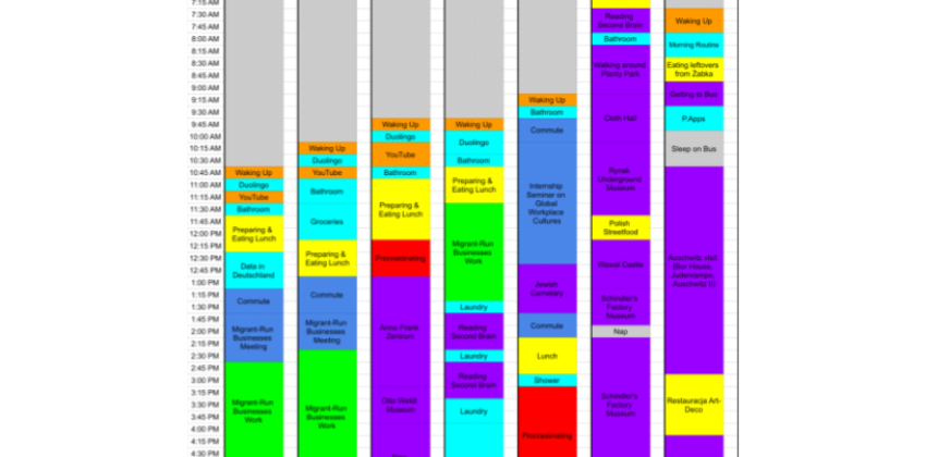 This sheet shows entire overview of my time spent during week 6, broken down by categories on a block by block basis